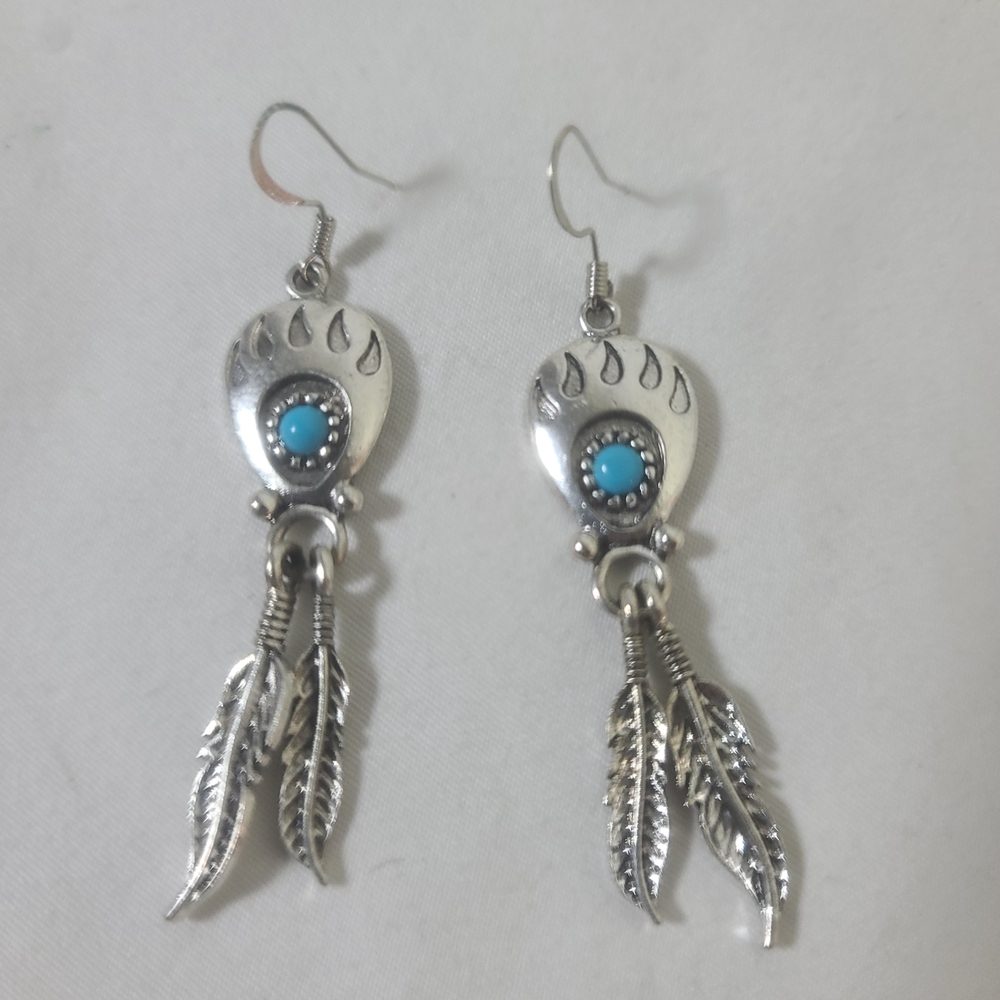 Native American 925 Sterling Silver Turquoise Bear Paw Feather Earrings